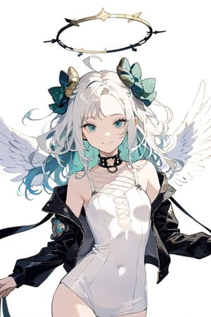 Masterpiece, solo, ultra detailed, anime art style, Saint Patrick day princess walking in a parade, big beautiful eyes and glamorous green makeup, sunset, depth of field, more detail XL, SFW,1girl, angel, white hair, long curly hair, (two side up), blue eyes, two blue bows on head, (Double golden halo on her head), choker, angel wings on back, ahoge,cyberpunk, mechanical girl, cyborg, cable, exposed wires,
masterpiece, best quality, aethetic, closed mouth, jacket, simple background, smile, solo,aesthetic,Antilene_Heran_Fouche \(overlord\)