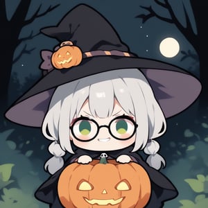 1girl, solo, (gray hair), green eyes, ahoge, (low-pigtail hairs:1.2), (black round frame glasses:1.2), (Witch hat), (Witch cloak), Witch dress, (cute pose), cobweb, (skull), pumpkin lantern, moon, blush, (In the forest at night), (eyes highlight), standing, ((upper body)), very beautiful girl, crazy smiling, slightly angry, himecut hairstyle, solo, (chibi), (Focus on face), chibi style