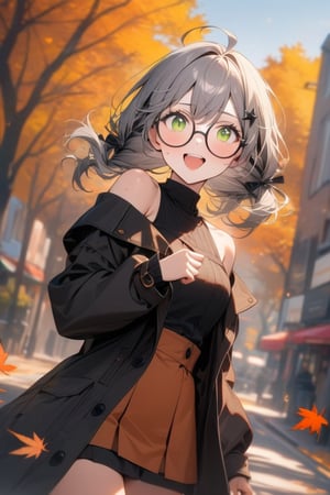 1girl, (gray hair), green eyes, medium hair, (double braid), ahoge, (black round frame glasses:1.2), (black star hairpin), (autumn clothing), (Dark coat), Sleeveless top, Short skirt, Off-shoulder, (happy), Emotionally excited, (On the streets in autumn), (eyes highlight), standing, ((upper body)), very beautiful girl, eyes wide open, Open mouth wide, sweat, slightly angry, himecut hairstyle, masterpiece quality, stunning image, masterpiece, 8K, stunning image, light particles, attractive image, reflections, Dutch Angle Shot,Beautiful eyes,