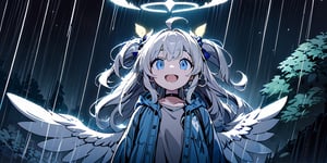 digital painting,1girl, angel, white hair, long curly hair, (two side up), blue eyes, two blue bows on head, (Double golden halo on her head), choker, angel wings on back, ahoge, Using huge leaves to block the rain, Wearing grey Hooded T-shirt, long sleeves, is looking up at the kamera with a surprised expression, cute smile. best smile, open mouth, outdoor, night, countryside,
rain, forest, Under the big tree, bus station, standing with (totoro), (big totoro) with umbrella,Blustery, dark background,Flat vector art, Anime
masterpiece, best quality, aethetic, jacket,  solo,aesthetic,