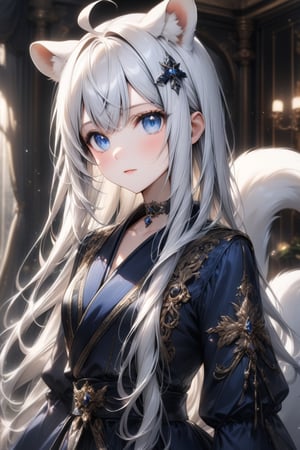 1girl, stoat girl, solo,  ((white hair)), very long hair, blue eyes, (straight hair), (bangs), animal ears, (stoat ears:1.2),
 Choker, ahoge, yaeba, (big white stoat Tail:1.2), (blue X hairpin), Beautiful girl. She is very badass, she wears a very luxurious outfit, pretty detailed, shining skin, detailed skin, dynamic light, wallpaper quality, detailed eyes, shining, blue eyes, blurry background, detailed image, detailed skin, upper body, looking at viewer, stunning image, 8k, proffesional style, luxurious room in background. Water drop, ((masterpiece: 1.2)), light particles, ink droplets in background.,Masterpiece,Stunning image,Professional style