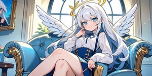 vibrant colors, female, masterpiece, sharp focus, best quality, depth of field, cinematic lighting, ((solo, one woman )), (illustration, 8k CG, extremely detailed), masterpiece, ultra-detailed,
1angel, (white hair), long curly hair, blue eyes, (two blue ribbons on her hair), (Double golden halo on her head), angel wings, White shirt, sweater, cute outfit, Sitting on a huge throne, best smile, cute face, perfect light,1girl white hair blue eyes x hair ornament,masterpiece