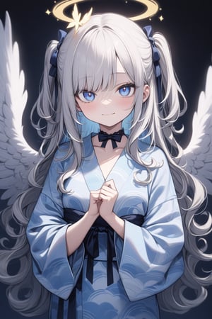  {{{masterpiece}}}, {{{best quality}}}, {{ultra-detailed}}, {beautiful detailed eyes}, 1girl, solo, angel, white hair, long curly hair, (two side up), blue eyes,  (curly hair:1.2), (wavy hair), (hair curls), (bangs), (two side up), two blue hair ties on head, (Double golden halo on her head), bowtie choker, angel wings, ahoge, fang,, (cute yukata, colorful yukata), smiling, Beautiful eyes,