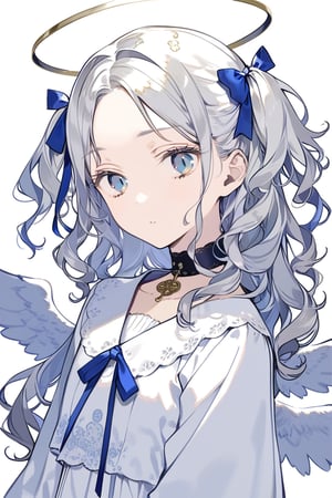 masterpiece, best quality, aesthetic,1girl, angel, white hair, long curly hair, two side up, (blue eyes), two blue ribbons on her hair, (Double golden halo on her head), choker, angel wings,samurai,sakura