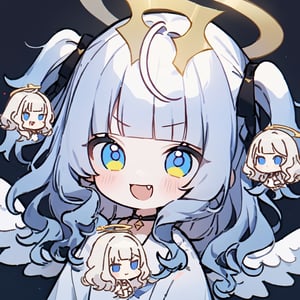 masterpiece, made by a master, 4k, perfect anatomy, perfect details, best quality, high quality, lots of detail.
1girl, angel, white hair, long curly hair, (two side up), blue eyes,  (curly hair:1.2), (wavy hair), (hair curls), (blunt bangs), (two side up), two blue hair ties on head, (Double golden halo on her head), choker, angel wings,ahoge,, single, kumiho,
looking at camera, smiling, fang, happy, slightly angry, chibi, Emote Chibi.
simple background,Line Chibi yellow,dal