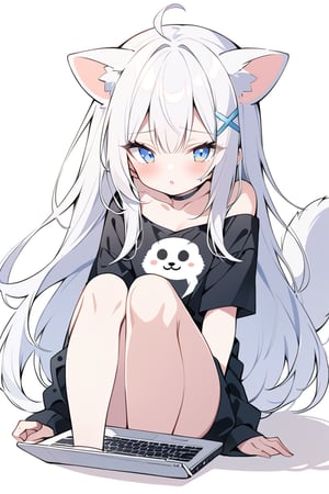 masterpiece, 1girl, stoat girl, solo,  ((white hair)), very long hair, blue eyes, (straight hair), (bangs), animal ears, (stoat ears:1.2),
 Choker, ahoge, fangs, (big stoat Tail:1.2), (blue X hairpin), solo, long hair, blush, bangs, simple background, shirt, holding a big cup, white background, hair between eyes, sitting, collarbone,, ahoge, white hair, lips parted, off shoulder, chibi, black shirt, up body, laptop,flat style