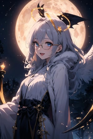 anime style portrait of a beautiful halloween glasses angel wearing (white fluffy magic robe), (fusion of magic robe: and aodai:1.3), (fur hood), futuristic_aodai, wearing a glasses:1.3, ((;D:1.3)), perfect face,perfect eyes,HD details,high details,sharp focus,studio photo,HD makeup,shimmery makeup,celebrity makeup,(( centered image)) (HD render)Studio portrait,magic, magical, fantasy, halloween, moon, jack-o' challenge, sliver hair, long curly hair,blue eyes, two mini blue-ribbon decorations on the hair, (Double golden halo on her head), angel wings,
 bangs, arms behid back, Mechanical part, hallowenn town, trick or treet,  magic aura background, cute, spelling, under tree, ,Witchblade,teengirlmix,Moon Witch,Circle, winter halloween, 