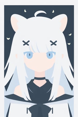 score_9, score_8_up, score_7_up, Minimalstyle, 1girl, solo,  ((white hair)), very long hair, blue eyes, (straight hair), (bangs), animal ears, (stoat ears:1.2), Choker, ahoge, fangs, (big stoat Tail:1.2), (X hairpin), (White sleeveless collared dress, blue chest bow), (black hooded oversized jacket:1.2), (Off the shoulders) ,simple, faceless female, beautiful, extremely detailed, vector, headshot,falling leaves,minimalstyle,
