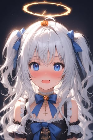  1girl, angel, white hair, long curly hair, (two side up), blue eyes, two blue bows on head, (Double golden halo on her head), choker, angel wings on back, ahoge, , solo, blush, open mouth, lolita_fashion, middle chest, tiny body, (halloween costumes), upper body, sweat, embarrassed,