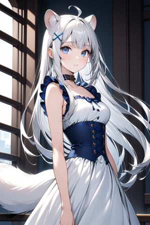 1girl, stoat girl, solo,  ((white hair)), very long hair, blue eyes, (straight hair), (bangs), animal ears, (stoat ears:1.2),
 Choker, ahoge, yaeba, (big white stoat Tail:1.2), (blue X hairpin), solo, long hair, breasts, looking at viewer, bangs, hair ornament, no sleeves, dress, ribbon, medium breasts, closed mouth, frills, parted lips, hairclip, indoors, white dress, blue ribbon, neck blue ribbon, floating hair, corset