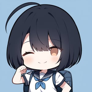 1girl, (dark black hair), brown eyes, ahoge, short hair, (striking bob cut and intense, hair covering one eye:1.2), (school uniform), tight clothes, white shirt, Short sleeve, blue tie, Blue plaid pleated skirt, light blue backpack, half-closed eyes, blush, (fighting pose), (simple school background), (eyes highlight), standing, ((upper body)), very beautiful girl, smiling, happy, himecut hairstyle, solo, (chibi), (Focus on face), 