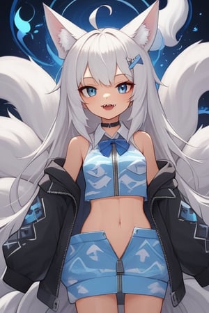 animal ear fluff, animal ears, 1girl, solo,  ((white hair)), very long hair, blue eyes, (straight hair), (bangs), animal ears, (stoat ears:1.2), Choker, ahoge, fangs, (big stoat Tail:1.2), (blue X hairpin), (White sleeveless collared dress, (midriff), blue chest bow), (black hooded oversized jacket:1.2), (jacket zipper half unzipped), (Off the shoulders), candy, food print, highres, holding, multiple girls, multiple tails,,tail,girl ,anime ,cr33p,score_9