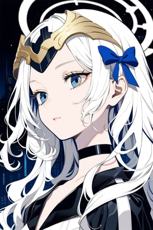 portrait of cute detecive in the noir city, 1girl, angel, white hair, long curly hair, (two side up), blue eyes, two blue ribbons on her hair, (Double golden halo on her head), choker, angel wings, detailed illustration portrait, incredible details, disney stylized cute, dark cyberpunk illustration,Antilene_Heran_Fouche \(overlord\)