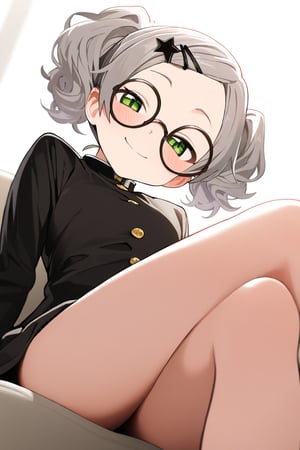 1girl, (gray hair), green eyes, (short hair and cute pigtails:1.2), wavy_hair, (black round frame glasses:1.2), (black star hairpin), (gakuran:1.2), long sleeve uniform, Short skirt, (happy), (indoor), (eyes highlight), very beautiful girl, very cute face, (Medium chest), sway back, half-closed eyes, :), sitting on sofa, cute pose, headtilt, masterpiece quality, masterpiece, 8K, stunning image, light particles, attractive image, reflections, Dutch Angle Shot,Beautiful eyes,