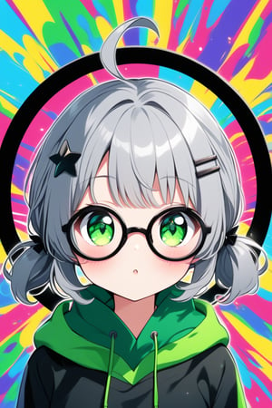 japanese cool anime,1girl, solo, (gray hair), green eyes, (short Twin ponytails:1.2), (wavy hair), ahoge, (black round frame glasses:1.2), (black star hairpin), Colorful pop art, , brightly, Beautiful green Eyes, dark green hoodie jacket, Color Splash,upper body.,Beautiful eyes,niji6