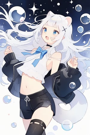 (finely best quality illustration:1.2), (kawaii girl:1.1), (1girl, solo:1), coquettish skin, stoat girl, solo,  ((white hair)), very long hair, blue eyes, (straight hair), (bangs), animal ears, (stoat ears:1.2),
 Choker, ahoge, fangs, (big stoat Tail:1.2), (blue X hairpin), (White collared sleeveless top, (midriff), blue chest bow), 
(black hooded oversized jacket:1.2), (jacket zipper half unzipped), (black short pants) (Off the shoulders),
silver hair, wavy hair, hair,

pop, candy, kawaii, watercolor medium, dramatic angle,  lowing long hair, parted bangs, grey hair, flowery bubbles, the bottom of the bottle background, sparkle, 