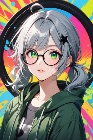 japanese cool anime,1girl, solo, (gray hair), green eyes, (short Twin ponytails:1.2), (wavy hair), ahoge, (black round frame glasses:1.2), (black star hairpin), Colorful pop art, , brightly, Beautiful green Eyes, dark green hoodie jacket, Color Splash,upper body.,Beautiful eyes,niji6