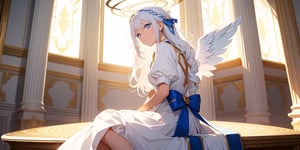 vibrant colors, female, masterpiece, sharp focus, best quality, depth of field, cinematic lighting, ((solo, one woman )), (illustration, 8k CG, extremely detailed), masterpiece, ultra-detailed,
1angel, (white hair), long curly hair, blue eyes, (two blue ribbons on her hair), (Double golden halo on her head), angel wings, Sitting on a seat, look to the sky,perfect light,masterpiece,portrait,long skirt