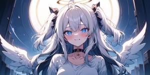 (BEST QUALITY:1.4), (HIGHRES:1.4), HIGH_RESOLUTION, MASTERPIECE, SIDELIGHTING, CINEMATIC LIGHTING, DETAILED LIGHTING, 
VOLUMETRIC LIGHTING, SUPER DETAIL, HYPER DETAIL, INTRICATE_DETAILS, LIGNE_CLAIRE, PERPECT FACE, PERFECTEYES, ABSURDRES, 
1girl, angel, ((white hair)), long curly hair, (two side up), blue eyes,  (curly hair:1.2), (wavy hair), (hair curls)
, (bangs), (two side up), two blue hair ties on head, (Double golden halo on her head), choker, angel wings, ahoge, fang, cute, happy, (white T-shirt, pants), looking at viewer,blush,star background,standing,full body,