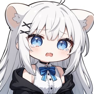 (chibi style),1girl, solo,  ((white hair)), very long hair, blue eyes, (straight hair), (bangs), animal ears, (stoat ears:1.2), Choker, ahoge, fangs, (big stoat Tail:1.2), (X hairpin),
(White sleeveless collared dress, blue chest bow), (black hooded oversized jacket:1.2), (Off the shoulders), ((-O-)), ((two lines of tears:1.2)), simple background, white background, upper body, anime,chibi emote style,chibi,emote