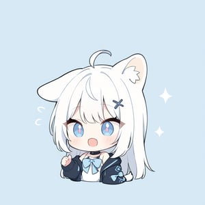 (chibi style), {{{masterpiece}}}, {{{best quality}}}, {{ultra-detailed}}, {beautiful detailed eyes},1girl, solo,  ((white hair)), very long hair, blue eyes, (straight hair), (bangs), animal ears, (stoat ears:1.2), Choker, ahoge, fangs, (big stoat Tail:1.2), (blue X hairpin), (White sleeveless collared dress, (Two-piece dress), (blue chest bow)), (black hooded oversized jacket:1.2), (Off the shoulders), (shock), (shocked expression), upper body,chibi emote style,chibi,emote, cute,Emote Chibi,anime,cute comic,txznf,flat style