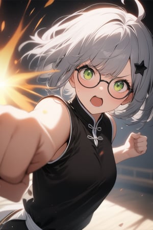 1girl, (gray hair), green eyes, short hair, (Bob Hair), ahoge, (black round frame glasses:1.2), (black star hairpin), (Kung Fu Uniform), (attack), (fighting), Punch, Punching in viewer, (in the dojo), (eyes highlight), standing, ((upper body)), very beautiful girl, eyes wide open, Open mouth wide, sweat, slightly angry, himecut hairstyle, masterpiece quality, stunning image, masterpiece, 8K, stunning image, light particles, attractive image, reflections,  \medium\,Beautiful eyes,