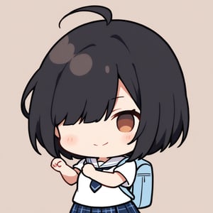 1girl, (dark black hair), brown eyes, ahoge, short hair, (striking bob cut and intense, hair covering one eye:1.2), (school uniform), tight clothes, white shirt, Short sleeve, blue tie, Blue plaid pleated skirt, light blue backpack, half-closed eyes, blush, (fighting pose), (simple school background), (eyes highlight), standing, ((upper body)), very beautiful girl, smiling, happy, himecut hairstyle, solo, (chibi), (Focus on face), 