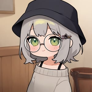 1girl, (gray hair), green eyes, medium hair, (bucket hat:1.2), (black round frame glasses:1.2), (black star hairpin), (light top), collarbone, (Sweater Jacket), cotton pants, Off-shoulder, (happy), (in room), indoor, (eyes highlight), standing, ((upper body)), very beautiful girl, Sleepy eyes, closed mouth, :), slightly angry, himecut hairstyle, solo, (chibi), (Focus on face),((Chibi character))