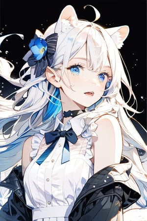 1girl, solo,  ((white hair)), very long hair, blue eyes, (straight hair), (bangs), animal ears, (stoat ears:1.2), Choker, ahoge, fangs, (big stoat Tail:1.2), 
(White sleeveless collared dress, blue chest bow), (black hooded oversized jacket:1.2), (Off the shoulders), looking at viewer, simple background, shirt,, white background, upper body, flower, parted lips, hair flower, blue flower,female 