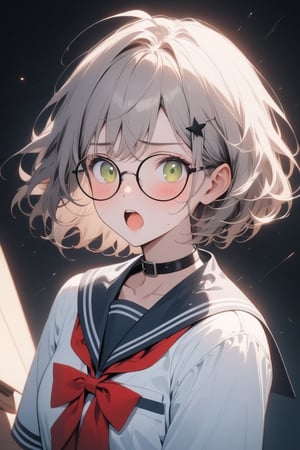 1girl, (gray hair), green eyes, short hair, (Bob Hair), ahoge, (black round frame glasses:1.2), (black star hairpin), (Sailor Suit), (student uniform), dark blue collar, (red bow tie), Dark blue pleated skirt, blush, (In a dark room), (eyes highlight), standing, ((upper body)), very beautiful girl, shock, surprise, eyes wide open, Open mouth wide, sweat, slightly angry, himecut hairstyle, masterpiece quality, stunning image, masterpiece, 8K, stunning image, light particles, attractive image, reflections,  \medium\,Beautiful eyes,