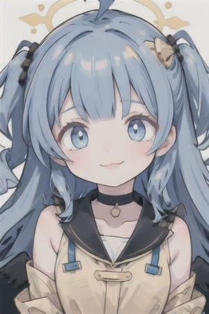 chibi, cute, masterpiece, best quality, light smile, close-up, white background,sparklehsr,chibi,1girl, angel, white hair, long curly hair, ((two side up)), blue eyes, (curly hair:1.2), (wavy hair), (hair curls), (blunt bangs), (two side up), two blue hair ties on head, (Double golden halo on her head), choker, angel wings,ahoge,, bangs, ,pastel