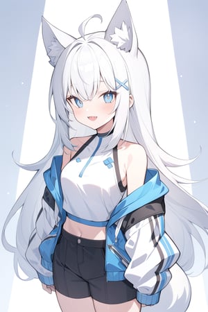 1girl, stoat girl, solo,  ((white hair)), very long hair, blue eyes, (straight hair), (bangs), animal ears, (stoat ears:1.2),
 Choker, ahoge, fangs, (big white fox Tail:1.2), (blue X hairpin), (White collared sleeveless top, (midriff), blue chest bow), 
(black hooded oversized jacket:1.2), ((jacket zipper half unzipped)), ((black short pants)) (Off the shoulders), hand on hip,