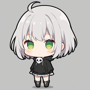 1girl, (gray hair), green eyes, short hair, (Bob Hair), ahoge, (Wearing a skull mask:1.2), (hooded cloak, (Hood Down)), dress, Short skirt, boots, ((hood down)), standing, solo, (chibi, head only), (Focus on face), simple white background,