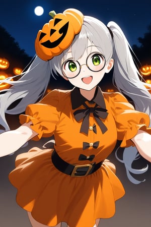 A cute girl ,(gray hair), green eyes, long hair, ( pigtails:1.2), (black round frame glasses:1.2), wearing a pumpkin mask on her head, Halloween costume, celebrating Halloween on the street at night, pumpkin lantern, cute face, smiling, moon, anime style