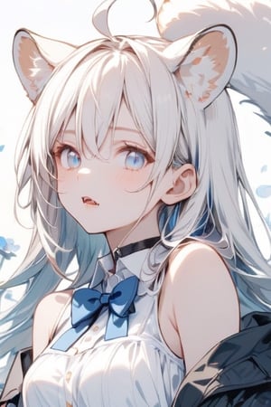 1girl, solo,  ((white hair)), very long hair, blue eyes, (straight hair), (bangs), animal ears, (stoat ears:1.2), Choker, ahoge, fangs, (big stoat Tail:1.2), 
(White sleeveless collared dress, blue chest bow), (black hooded oversized jacket:1.2), (Off the shoulders), looking at viewer, simple background, shirt,, white background, upper body, parted lips, blue flower,female 