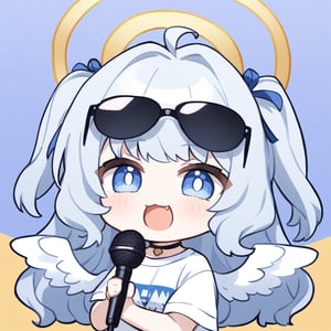 (chibi style), {{{masterpiece}}}, {{{best quality}}}, {{ultra-detailed}}, {beautiful detailed eyes}. 1girl, angel, white hair, long curly hair, (two side up), blue eyes,  (curly hair:1.2), (wavy hair), (hair curls), (bangs), (two side up), two blue hair ties on head, (Double golden halo on her head), choker, angel wings, ahoge, fang, (white T-shirt), (rapping), (black sunglasses), (microphone), upper body,chibi emote style,chibi,emote, cute,Emote Chibi,anime,