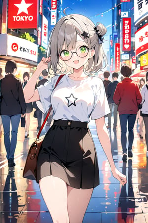 1girl, (gray hair), green eyes, short hair, ahoge, (black round frame glasses:1.2), (black star hairpin), ((Half Bun :1.2)), very beautiful girl, smiling open mouth, happy, himecut hairstyle, casual outfit, Tokyo, watercolor splashes, masterpiece quality, stunning image, masterpiece, 8K, stunning image, light particles, attractive image, reflections, watercolor \(medium\),Beautiful eyes,