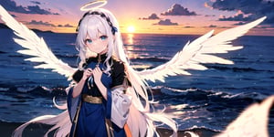  (Best Picture Quality, High Quality, Best Picture Score: 1.3), , Perfect Beauty Score: 1.5, long hair, 1 angel girl, (solo), ((white hair)), (long curly hair), blue eyes, ((two blue ribbons on her hair)), (Double golden halo on her head), (angel wings), (cute outfit), cute smile, background is the setting sun and the sky dyed red by the setting sun, beautiful, cute, masterpiece, best quality,