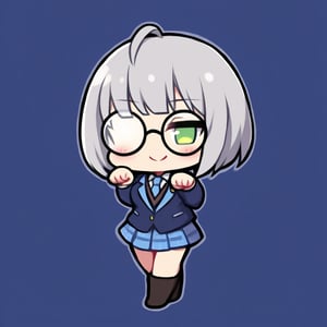 1girl, (gray hair), green eyes, ahoge, short hair, (striking bob cut and intense, hair covering one eye:1.2), (black round frame glasses:1.2), (school uniform), tight clothes, white shirt, blue tie, Blue plaid pleated skirt, Dark blue blazer, boots, half-closed eyes, blush, (paw pose), (simple school background), (eyes highlight), standing, ((upper body)), very beautiful girl, smiling, happy, himecut hairstyle, solo, (chibi), (Focus on face), 