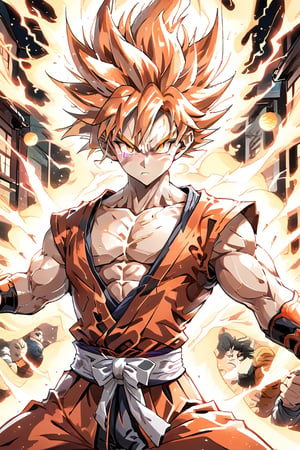 Super details, Eye details, supersaiyan Goku, Japanese samurai costume, strong, muscle, with aura, Surrounded by electricity, fighting pose, Punch, in  street, anime style,facing the camera,son goku,gkudbz,dragon ball