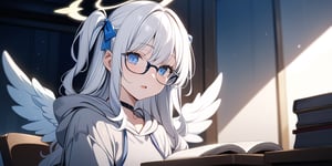 shiny, vibrant colors, female, masterpiece, sharp focus, best quality, depth of field, cinematic lighting, ((solo, one girl)), (illustration, 8k CG, extremely detailed), masterpiece, ultra-detailed,
1girl, angel, white hair, long curly hair, two side up,blue eyes, two blue ribbons on her hair, (Double golden halo on her head), choker, (angel wings), (wearing glasses),  Wearing grey Hooded T-shirt, sitting, reading, open book on desk, in a heaven room, the cutest room, light blue theme, look in the camera, open mouth, shiny background,Flat vector art,Visual Anime