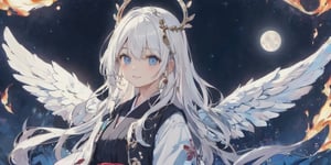  (Best Picture Quality, High Quality, Best Picture Score: 1.3), , Perfect Beauty Score: 1.5, long hair, 1 angel girl, (solo), ((white hair)), (long curly hair), blue eyes, ((two blue ribbons on her hair)), (Double golden halo on her head), (angel wings), (cute outfit), ((Wearing a black Japanese-style flame patterns jacket)), cute smile, background is the night sky with the bright moon hanging high, beautiful, cute, masterpiece, best quality,sarashi,