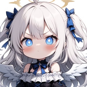 1girl, angel, white hair, long curly hair, (two side up), blue eyes, two blue bows on head, (Double golden halo on her head), choker, ((angel wings on back)), ahoge,  (White gothic lolita style ruffle dress, blue ribbon), ((Off the shoulders:1.2)), solo, (chibi, head only), blush, mouth close, (close-up portrait), (angry, blush, pouty), ((shadow face:1.3)), (glowing eyes), Upper Body, (Focus on face), simple white background,((Chibi character)),IncrsPunchMeme,incoming punch