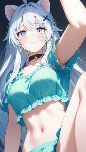 score_9,score_8_up,score_7_up,score_6_up, source_anime, alone, ((upper body), closely, (very close up), bottom view (view from under the breast)), 1girl, stoat girl, solo,  ((white hair)), very long hair, blue eyes, (straight hair), (bangs), animal ears, (stoat ears:1.2),
 Choker, ahoge, yaeba, (big white stoat Tail:1.2), (blue X hairpin), long hair, (very unkempt hair:1.3), (sleepwear, crop top), surprised expression (slightly covering mouth with one hand), looking at viewer, bedroom