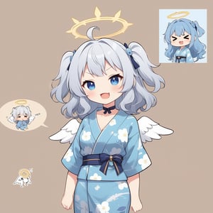 (chibi:1.3), masterpiece, made by a master, 4k, perfect anatomy, perfect details, best quality, high quality, lots of detail.
(solo), 1girl, angel, white hair, long curly hair, (two side up), blue eyes, (curly hair:1.2), (wavy hair), (hair curls), (bangs), (two side up), two blue hair ties on head, (Double golden halo on her head), bowtie choker, angel wings, ahoge, fang, (cute yukata, colorful yukata), smiling, single, (((>_<:1.4))), (upper body) ,Emote Chibi. cute comic,simple background, flat color, Cute girl,dal,Chibi Style,lineart,comic book,score_9,score_8_up,score_7_up,source_anime