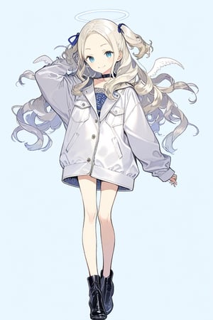 1girl, angel, white hair, long curly hair, two side up,blue eyes, two blue ribbons on her hair, (Double golden halo on her head), choker, angel wings, blue choker, black footwear, blue background, boots, full body, jacket, looking back, open clothes, open jacket, simple background, smile, solo, standing, very long hair, masterpiece, best quality, aesthetic, realistic, 