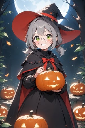 1girl, solo, (gray hair), green eyes, ahoge, (low-pigtail hairs:1.2), (black round frame glasses:1.2), (Witch hat), (Witch cloak), Witch dress, (cute pose), cobweb, Skeleton, pumpkin lantern, moon, blush, (In the forest at night), (eyes highlight), standing, ((upper body)), very beautiful girl, crazy smiling, slightly angry, himecut hairstyle, masterpiece quality, stunning image, masterpiece, 8K, stunning image, light particles, attractive image, reflections,  \medium\,Beautiful eyes,