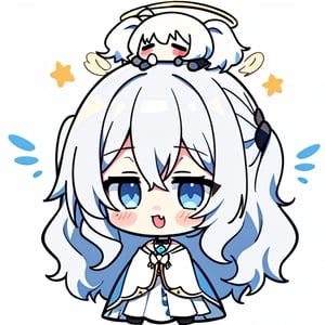 cute, kawaii, chibi, 1girl, angel, ((white hair)), long curly hair, (two side up), blue eyes,  (curly hair:1.2), (wavy hair), (hair curls), (bangs), (two side up), two blue hair ties on head, (Double golden halo on her head), choker, angel wings, ahoge, fang, White dress with blue lace trim, anime style, cute pose,chibi
