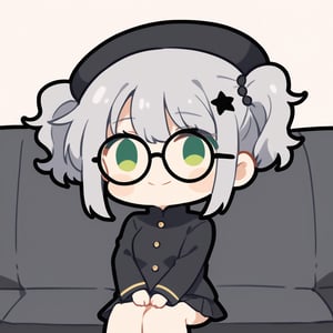 1girl, (gray hair), green eyes, (short hair and cute pigtails:1.2), wavy_hair, (black round frame glasses:1.2), (black star hairpin), (gakuran:1.2), long sleeve uniform, Short skirt, (happy), (indoor), (eyes highlight), very beautiful girl, very cute face, (Medium chest), sway back, half-closed eyes, :), sitting on sofa, cute pose, headtilt, solo, (chibi),((Chibi character)), chibi style