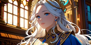 vibrant colors, female, masterpiece, sharp focus, best quality, depth of field, cinematic lighting, ((solo, one woman )), (illustration, 8k CG, extremely detailed), masterpiece, ultra-detailed,
1angel, (white hair), long curly hair, blue eyes, (two blue ribbons on her hair), (Double golden halo on her head), angel wings, Sitting on a seat, look to the sky,perfect light,masterpiece,portrait,long skirt